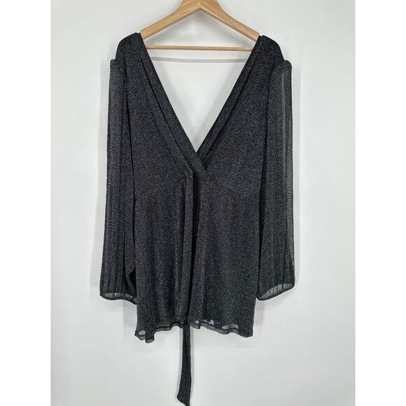TORRID Knit Glitter Lurex Peplum Top Puff Long Sleeve Belted Faux Wrap Blouse 6X - Picture 9 of 11